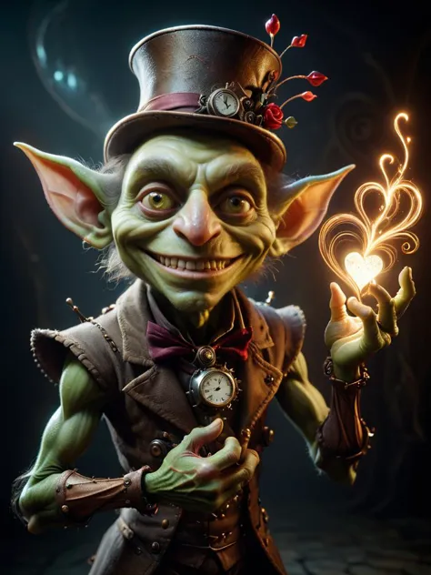 amor louco, fotografia premiada de um goblin com um sorriso de trapaceiro feito de linhas brilhantes no país das maravilhas, mágico, Excêntrico, conceito de arte de fantasia, steampunk, detalhes intrincados, melhor qualidade, obra de arte, ultra afiado, hiper-realista, Realismo 