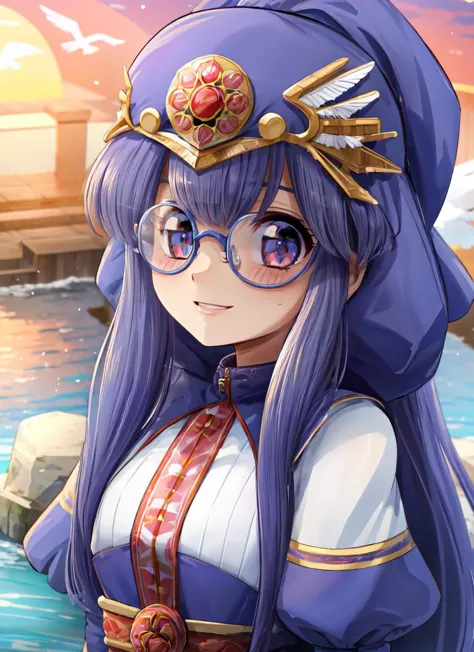 a woman with long purple hair wearing a purple hat and glasses