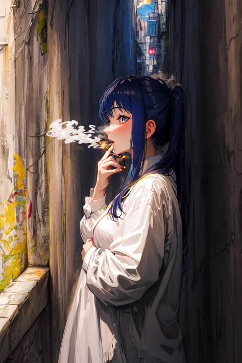 anime girl smoking a cigarette in a narrow alleyway