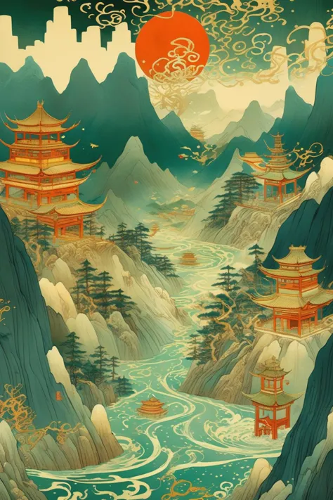 <lora:Victo Ngai Style:1>Victo Ngai Style - imagine illustrated by Guochao by Victo Ngai.The mountains of China are unbroken and...