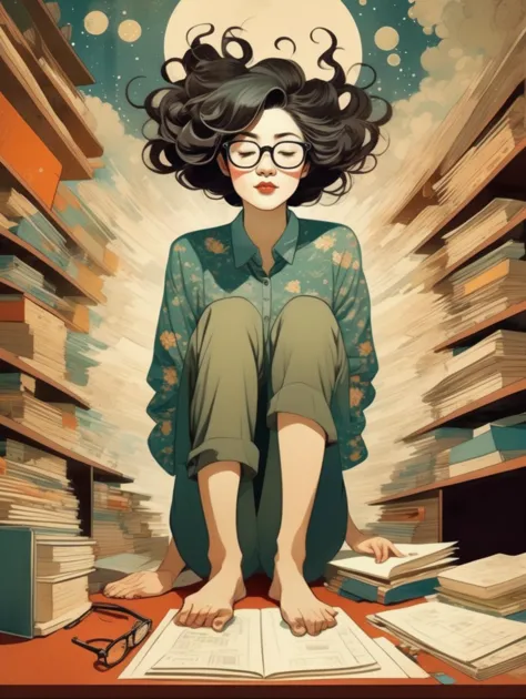 a woman sitting on a pile of books with a book in her hand