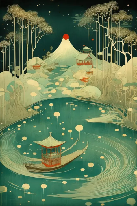 Victo Ngai 风格 - 一条河流和一座岛屿, 一些柳树