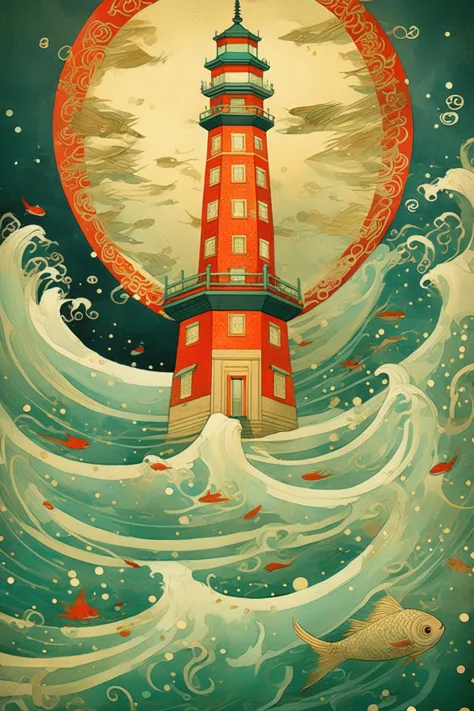 a close up of a lighthouse with a red and white tower