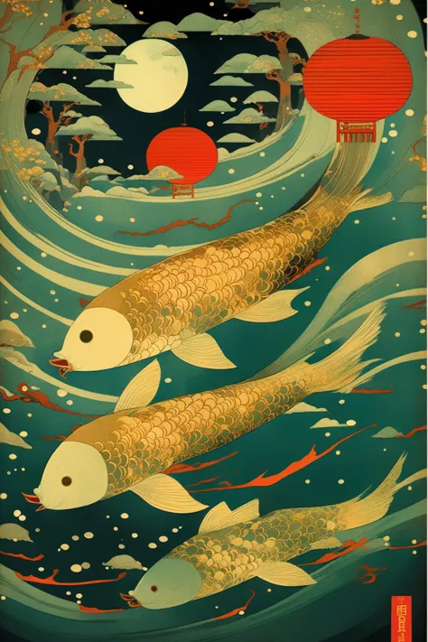 there are two fish swimming in the water with a lantern above them