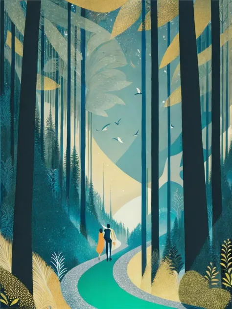<lora:VictoNgai:1>a painting of a woman and a man walking through a forest with a sky in the background by Victo Ngai