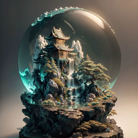 a close up of a snow globe with a waterfall and a mountain