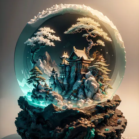 a close up of a snow globe with a house in it