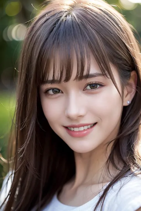 a close up of a woman with long hair and a white shirt