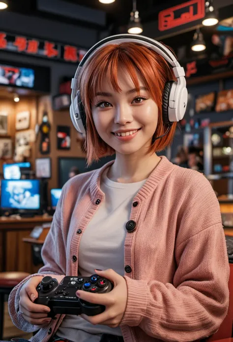 (medium full shot) of (cool gamer) young woman, chinese, light skin, light brown eyes, full-figured build, short red bob hair, w...