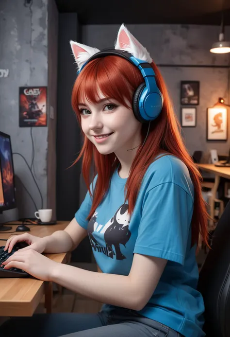 (medium full shot) of (energetic gamer) young woman, swedish, fair skin, brown eyes, average build, extra long red bangs hair, w...