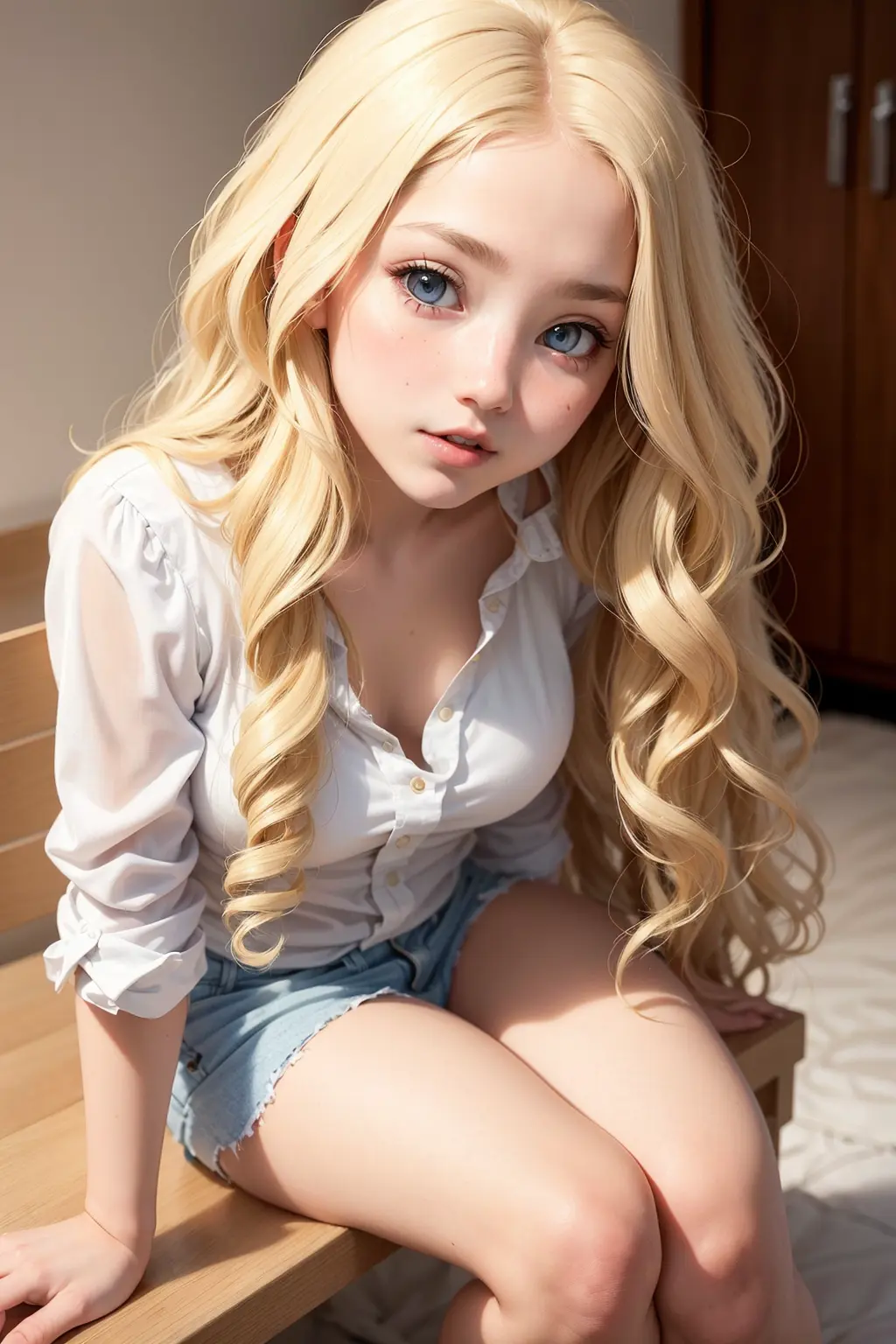 1 garota , Cabelo loiro longo e ondulado , olhos de cores diferentes , foto de retrato