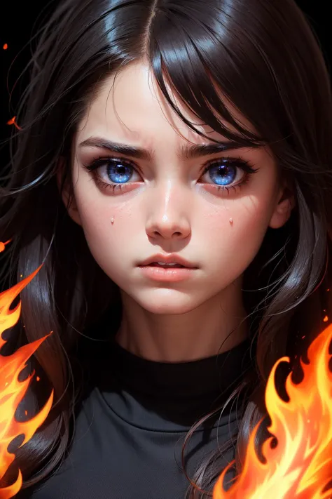 1girl , angry , close up shot , fire in her eyes , glowing particles