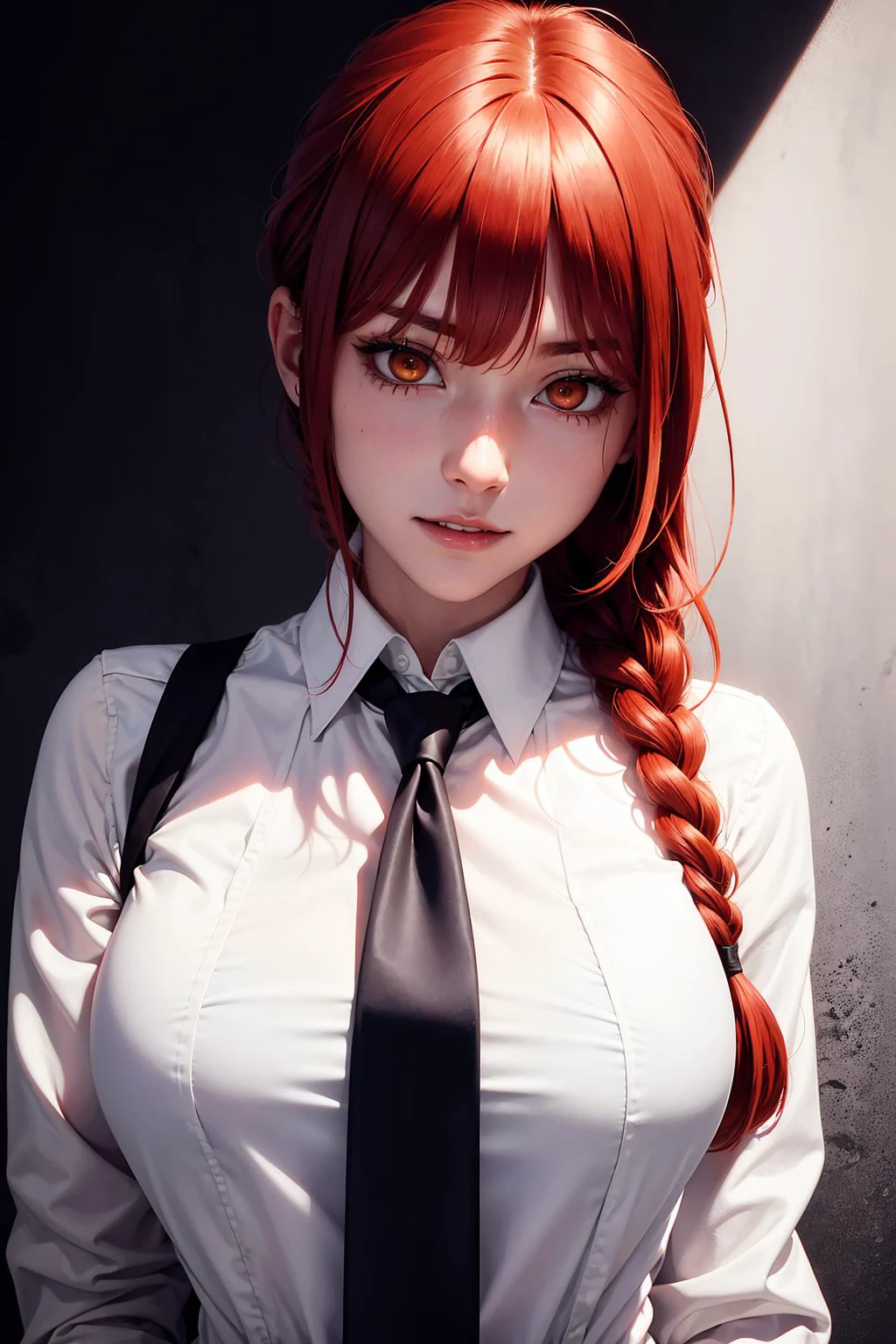 makima \(chainsaw man\), best quality, ultra detailed, 1girl, solo, standing, red hair, long braided hair, golden eyes, bangs, medium breasts, white shirt, necktie, stare, smile, (evil:1.2), looking at viewer, (interview:1.3), (dark background), from below, sharp contrast , gorgeous detailed eyes, focus , close up shot , glowing orange eyes,front view