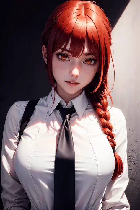 makima \(chainsaw man\), best quality, ultra detailed, 1girl, solo, standing, red hair, long braided hair, golden eyes, bangs, m...