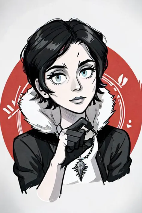 a drawing of a woman with a black jacket and a white shirt