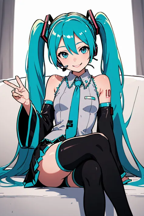 (masterpiece, best quality:1.2), solo, 1girl, hatsune miku, smile, lookng at viewer, sitting, crossed legs, twintails, headset, sleeveless shirt, necktie, detached sleeves, skirt, thighhighs