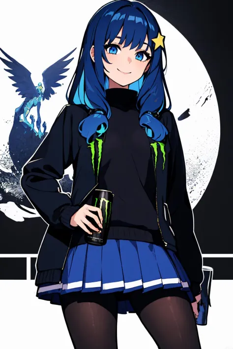 (masterpiece, best quality:1.2), solo, 1girl, smile, looking at viewer, holdingmonsterenergy, long hair, blue hair, star hair ornament, blue eyes, jacket, skirt, pantyhose <lyco:HoldingMonsterEnergy:0.6>