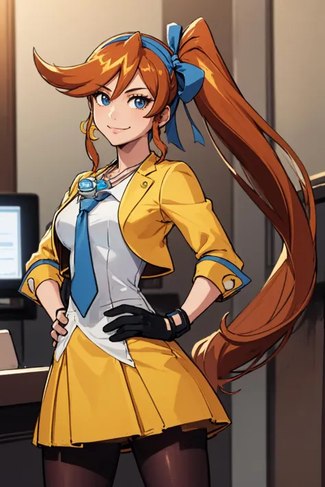 (masterpiece, best quality:1.2), solo, 1girl, athena cykes, smile, looking at viewer, hand on hip, side ponytail, hair ribbon, yellow jacket, blue necktie, single glove, yellow skirt, pantyhose, jewelry, necklace, crescent earrings, courtroom 