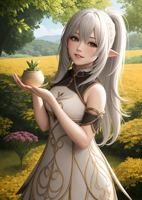 anime girl with long hair holding a pineapple in a field