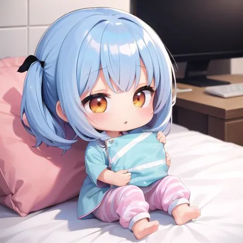 anime character sitting on a bed with a pillow and a computer