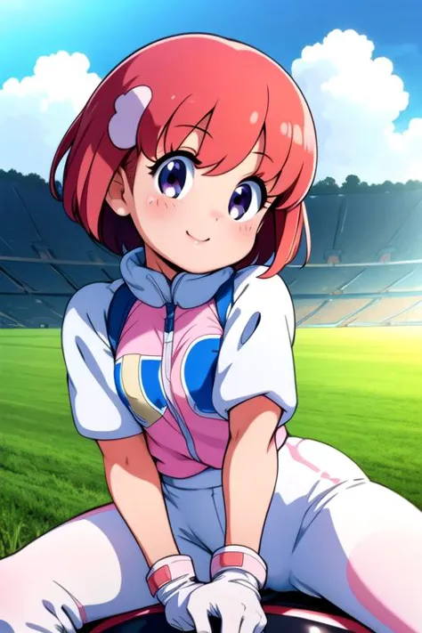 a woman sitting on a baseball field with a ball in her hand