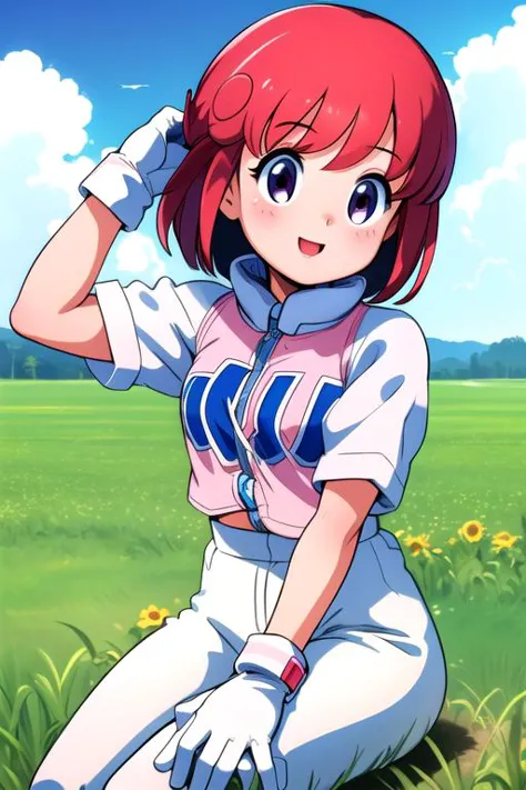 a woman in a baseball uniform sitting on the ground