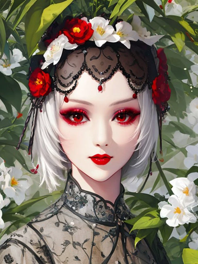 (((masterpiece))),high detailed,extremely detailed,CG,8k,wallpaper,clothes_jingju_qy,1girl, solo, hair ornament, makeup, flower, white hair, short hair,red eyes, lipstick, hair flower,looking at viewer, red lips, eyeshadow, closed mouth, lips