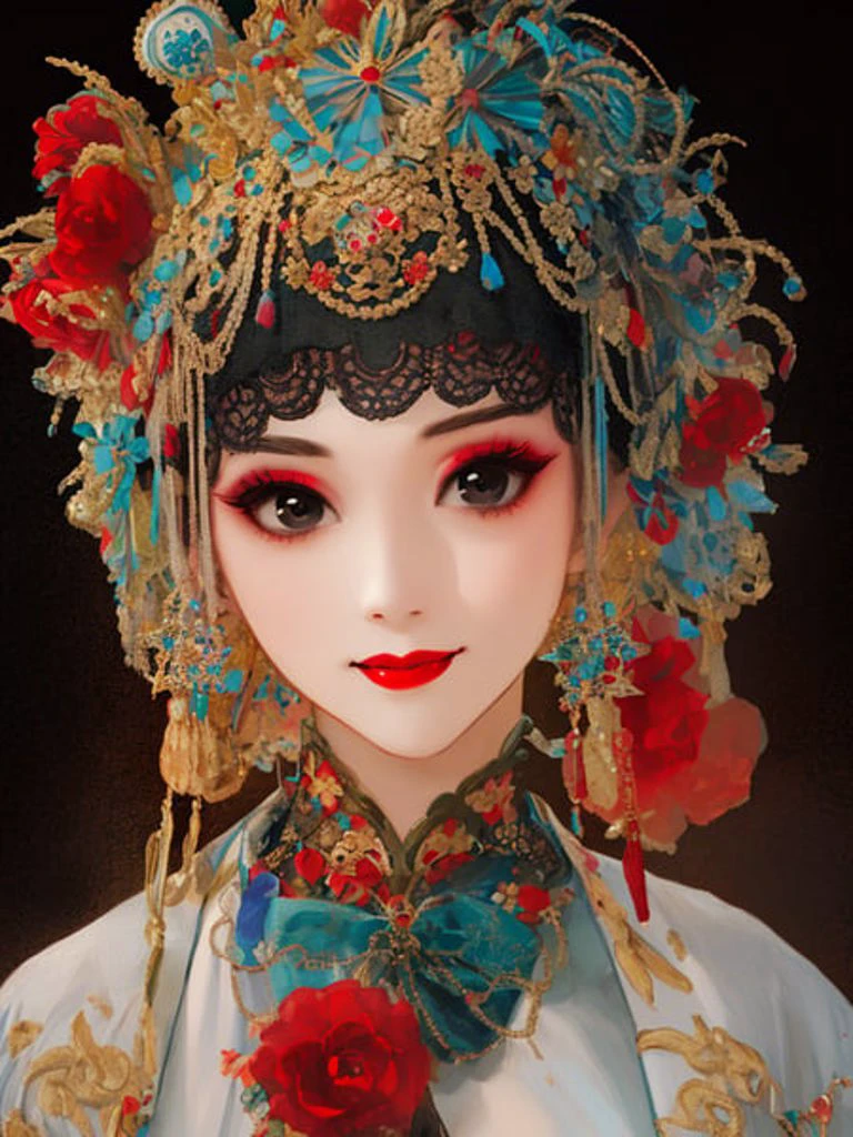 (((masterpiece))),high detailed,extremely detailed,CG,8k,wallpaper,clothes_jingju_qy,1girl, solo, golden hair, red nails, makeup, red lips, hair ornament, lipstick, nail polish, black background, portrait, looking at viewer, smile, simple background, closed mouth, flower, kanzashi, black eyes
