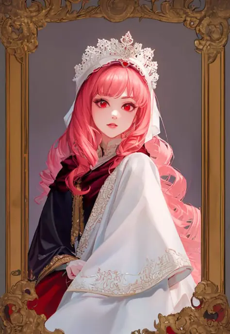 (((masterpiece))),high detailed,extremely detailed,CG,8k,wallpaper,uppor body,1girl,((louise_francoise_le_blanc_de_la_valliere)),1girl,1child,red_eyes,black_cape,solo,long_hair,pink_hair,curly_hair