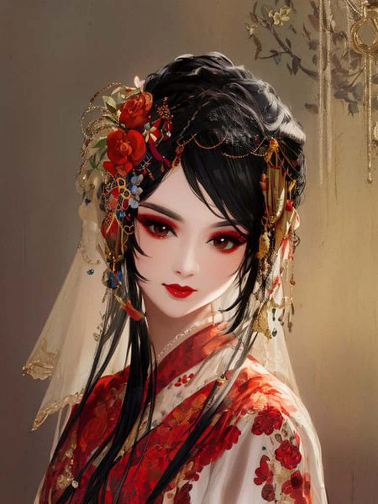(((masterpiece))),high detailed,extremely detailed,CG,8k,wallpaper,clothes_jingju_qy,1girl, solo, hair ornament, makeup, flower, black hair, brown eyes, lipstick, hair flower,looking at viewer, red lips, eyeshadow, closed mouth, lips