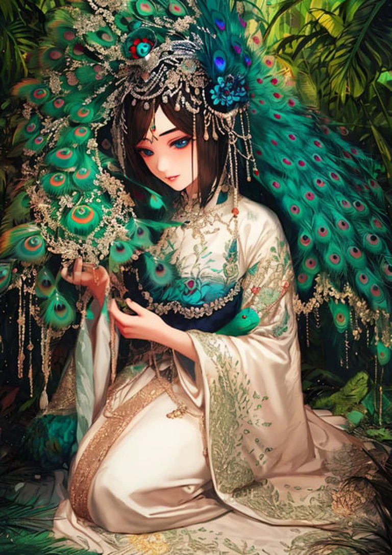 best quality, (masterpiece:1.35), wallpaper, (illustration), original,
(depth of field), (1girl:1.35), (solo), full body, dynamic,
blue eyes, detailed eyes, peacock wing, [peacock feather gorgeous dress:(peacock feathers):0.65], (disheveled hair), colored tips, colored inner hair, jewelry, intricated filigree, feathers on dress,
volumetric lighting, jungle, Tyndall effect, peacock feathers, halation
