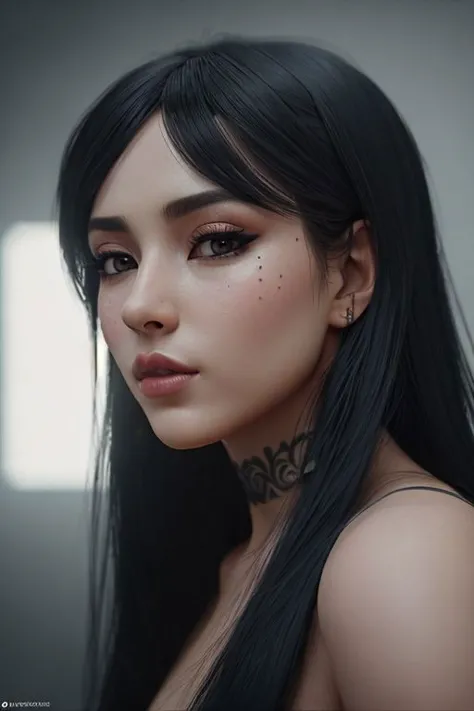 a woman with long black hair and a tattoo on her neck