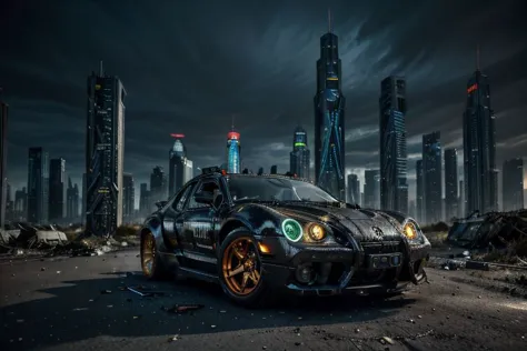 Futuristische dystopische Cyberpunk-Stadt mit Wolkenkratzern, Neonlichter und futuristische Autos. Wenige Betrunkene auf der Straße. Menschliche Cyborgs und Roboter laufen, rostige futuristische Autos verlassen auf den Straßen, fliegendes Luftkissenfahrzeug über. fotorealistisch, Dunkle Atmosphäre. HD, Sehr detailiert, 4k