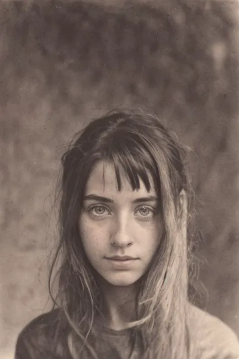 an old photo of a woman with long hair and a shirt