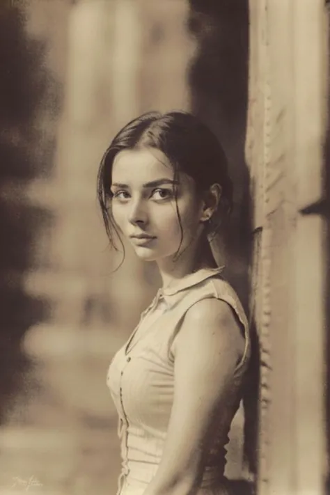 a close up of a woman leaning against a wall with a hand on her hip