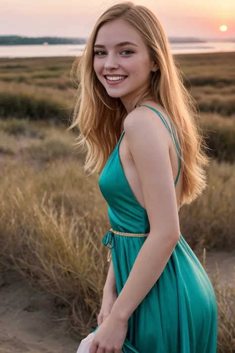 Cinematic shot of blonde woman in shiny green dress, 20yo, graceful and delicate, delicate jewelry, smiling, white teeth, sunset