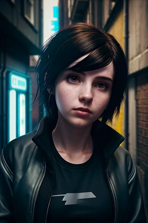 high angle camera looking down on a 2 british girl in a cyberpunk alleyway, cyberpunk hair, black fleece jacket, face, headshot, looking to distance, closeup, portrait