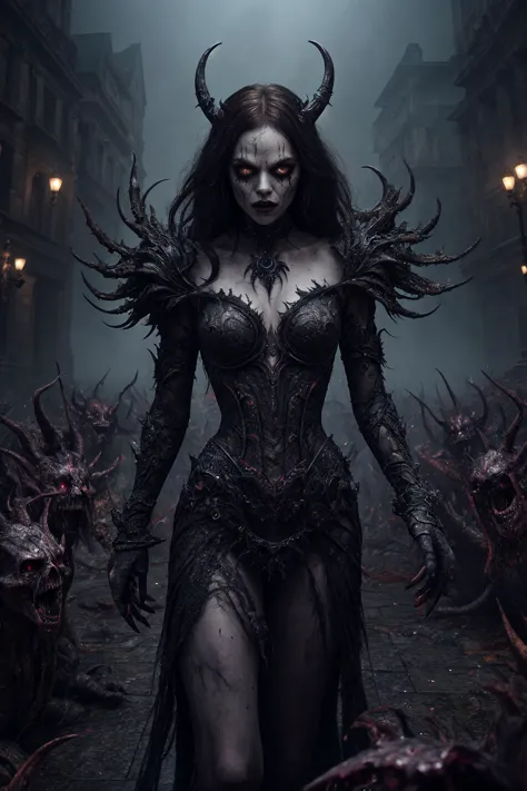 horror theme scenery, a female necromancer leading a army of undead creatures emerging from the mist, abstract style, sinister e...