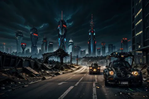 Futuristic dystopia cyber punk city with skyscrapers, neon lights and futuristic cars. Few drunkards on the street. Human cyborg...