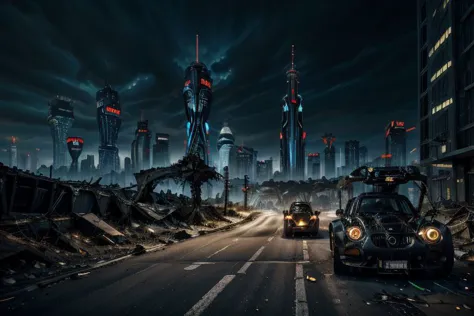 Cidade futurista do cyber punk da distopia com arranha-céus, luzes de néon e carros futuristas. Poucos bêbados na rua. Ciborgues humanos e robôs andando, carros futuristas enferrujados abandonados nas ruas, hovercraft voador acima. fotorrealista, atmosfera escura. alta definição, Muito detalhado, 4K