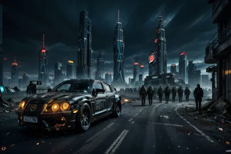 Futuristic dystopia cyber punk city with skyscrapers, neon lights and futuristic cars. Few drunkards on the street. Human cyborgs and robots walking, rusty futuristic cars abandoned on the streets, flying hovercraft above. Photorealistic, dark atmosphere. HD, very detailed, 4k