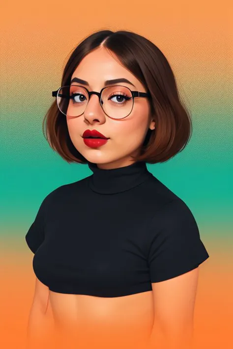 Meg Griffin, des lèvres charnues, nez aquilin, petit tapis, cheveux bruns, Lunettes, Illustration minimaliste, muse des arts, dessin au trait de danse, résonnant avec une mélodie secrète, fond dégradé bleu orange, très détaillé, obscurité profonde, Contraste élevé, chef-d&#39;œuvre, 8k, Ambiance française