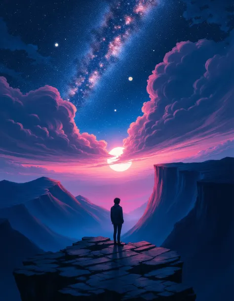 In the hauntingly beautiful digital illustration **"Solitude Amidst Celestial Chaos,"** a solitary figure stands at the precipice of an earthly cliff, their profile turned resolutely away from the viewer, as if attempting to defy the alluring vastness beyond. As the silhouetted peaks beneath merge with the celestial canvas above, the person embodies introspection, drawn into a world far exceeding human comprehension. Above, a tapestry of twinklingstars and an unforgiving sun coexists in paradoxical harmony, evoking a sublime and awe-influenced contemplation. Beneath this spectacle lies another reality - **"an abyss so boundless that the eye would sink for ever into what has once been a shore"** (echoing in solitude), where a behemothic cosmic wound gapes open like a black wound across the expanse, aglow with ethereal radiance that defied colors; an ethereal ballet of rose petal hues swirling harmoniously in contrast to ultramarine skies which are the perfect setting for - **[in bold quotes, surrounded by soft echoes of cosmic wind]... <lora:AlenaAenamiStyle_f1:1>