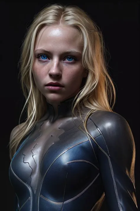 a close up of a woman in a black suit with blue eyes