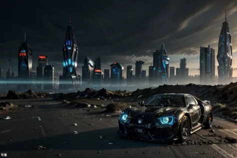 Futuristic dystopia cyber punk city with skyscrapers, neon lights and futuristic cars. Few drunkards on the street. Human cyborgs and robots walking, rusty futuristic cars abandoned on the streets, flying hovercraft above. Photorealistic, dark atmosphere. HD, very detailed, 4k