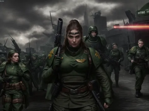 1girl, close shot professional photo of a woman, sharp focus, detailed skin texture, detailed eyes, detailed hair, rifle, sword, laser gun, green military uniform, collar, soldier, astra militarum, imperial guard, warhammer, wh40k, blue hair, background is a massive cityscape, battle, fighting, combat, huge explosion in the background, the distant future, 1940s, color photo, 