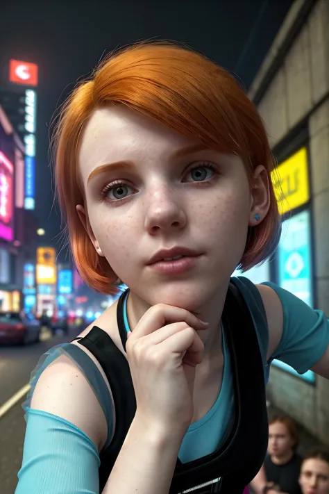 high angle camera looking down on a 24 year old british girl in a cyberpunk city street, strawberry blonde bob hair, vest top, f...