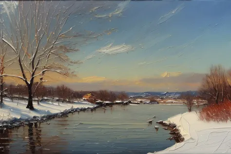 painting of a river with a snowy landscape and a tree