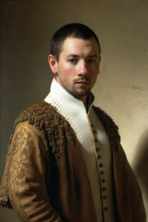 a painting of a man in a brown coat and white shirt