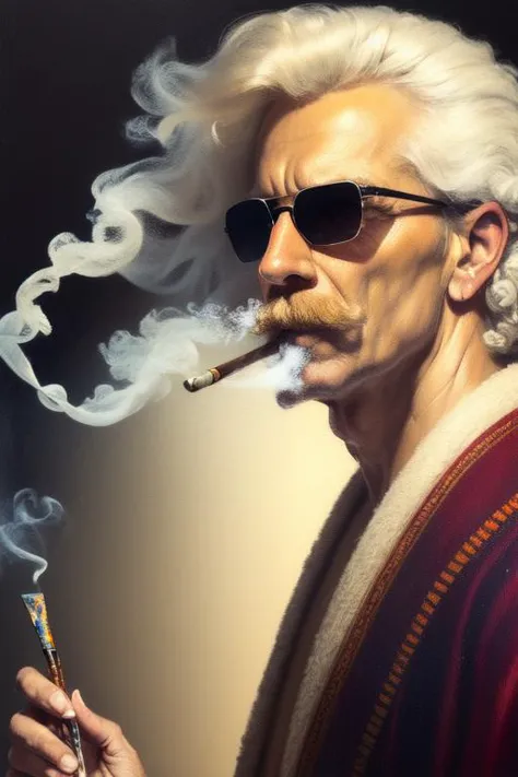 painting of a man with a cigarette and sunglasses smoking a cigarette